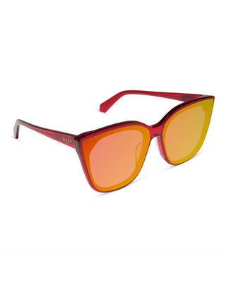 Sunglasses with red frame and orange-tinted lenses on a white background