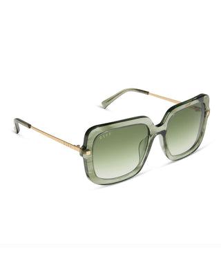 Sunglasses with gold frame and green gradient lenses on a white background