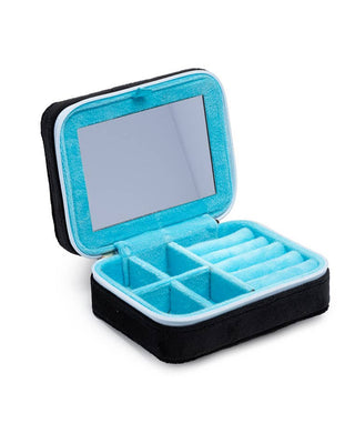 Jewelry box with blue interior and black exterior on a white background