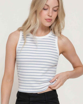 Sleeveless Round Neck Stripe Cotton Rib Knit Top: BLU-off white/dusty blue / M