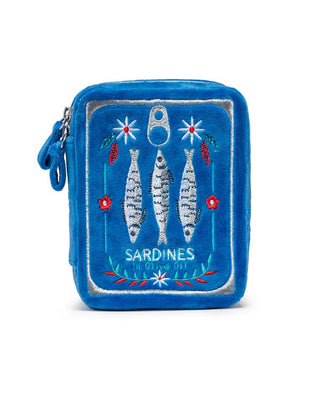 Blue pouch with fish design and 'Sardines' text on a white background
