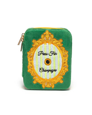 Green and gold rectangular pouch with decorative mirror design and text on a white background