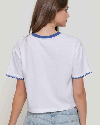 Short Sleeve Embroidered Edge Graphic T-Shirt: WHT-white/navy / S