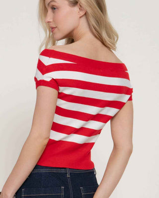 Short Sleeve Off The Shoulder Striped Sweater Top: RED-off white/red / S