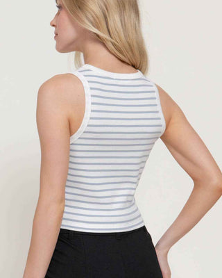 Sleeveless Round Neck Stripe Cotton Rib Knit Top: BLU-off white/dusty blue / M