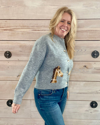 Heather Grey Horse Button Front Sweater