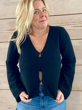 Load image into Gallery viewer, long sleeve black knit cardigan with three closures