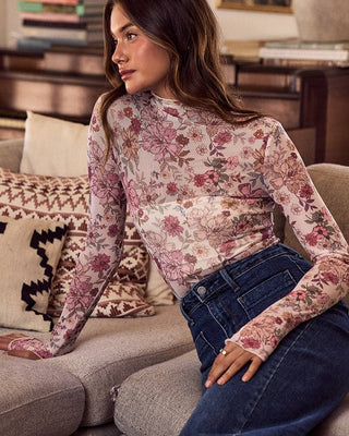 Clay rose floral print mesh knit long sleeve top with thumb openings