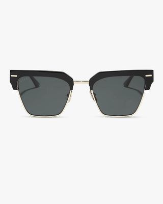 Black sunglasses with gold accents on a white background