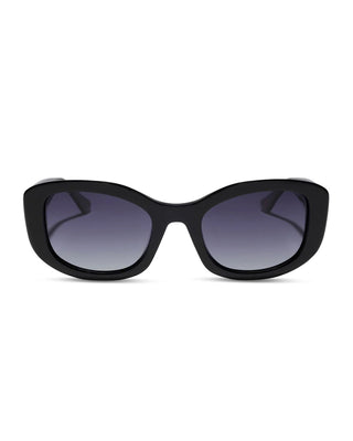 A pair of chunky black cat-eye sunglasses with gradient gray lenses, shown from a front-facing perspective on a solid white background.
