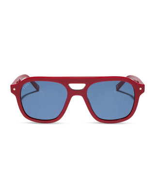 A pair of square aviator-style sunglasses with a glossy red frame and blue-tinted lenses, shown against a plain white background.
