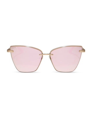 Sunglasses with pink lenses and gold frames on a white background