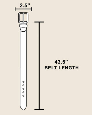 A simple line drawing of a belt with dimension labels showing a 2.5-inch width at the buckle and a 43.