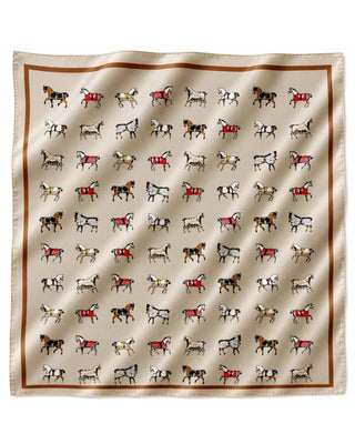 A square cream-colored scarf featuring a grid pattern of illustrated horses in various breeds and colors, some wearing red and black saddlebags, framed by a brown border.
