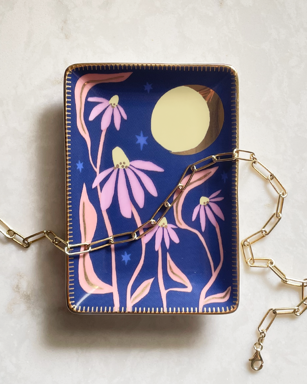 Trinket Dish, Dish, Ring Dish, Ceramic, Porcelain, Gold, Idlewild Co., Idlewild, Accessory, Gift, Stocking Stuffer, Jewelry Dish, Jewelry Box, Flower, Floral, Fleur, Feminine, Moon, Night, home decor, vintage, display, earring display, displays for retail, gift idea, wedding, ceramics, engagement gift, jewelry displays, necklace display, ring dish, heart dish, heart trinket dish, trinket box, easter