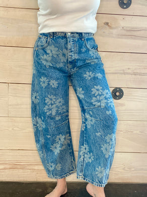 Good Luck Printed Barrel Jeans - Laser Daisy