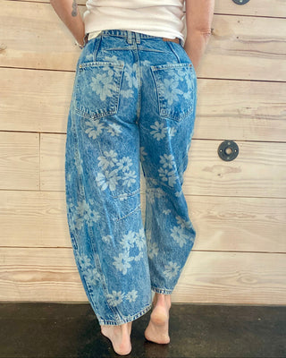 Good Luck Printed Barrel Jeans - Laser Daisy
