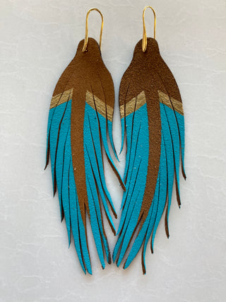 Short Gold and Turquoise Feather Earrings