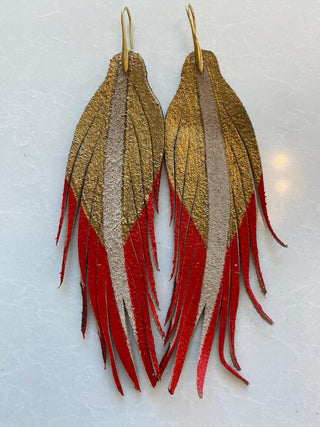 Short Red and Gold Leather Earrings