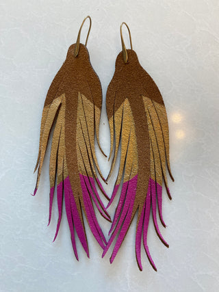 Short Gold and Pink Feather Earrings
