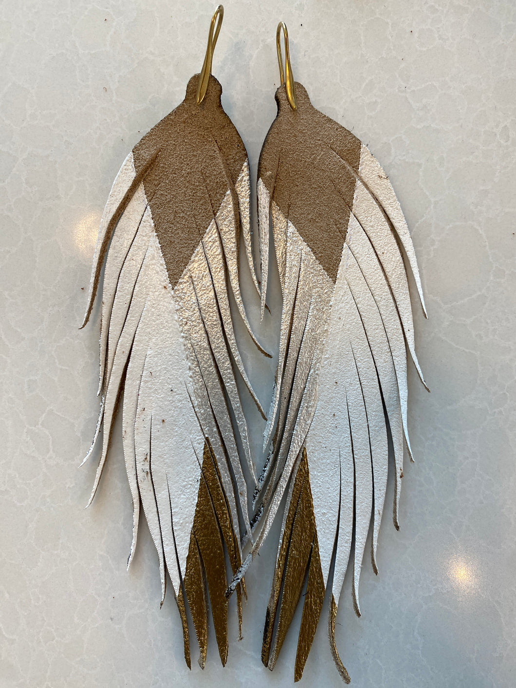 Long White Silver and Gold Feather Earrings