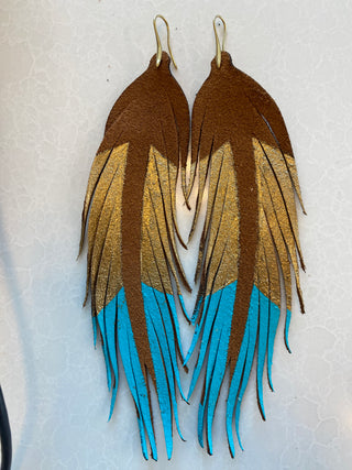 Long Gold and Turquoise Feather Earrings