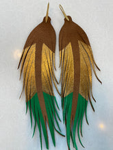 Load image into Gallery viewer, Long Gold and Green Feather Earrings