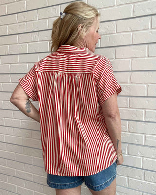 Red Striped Roll Sleeve Button-Down