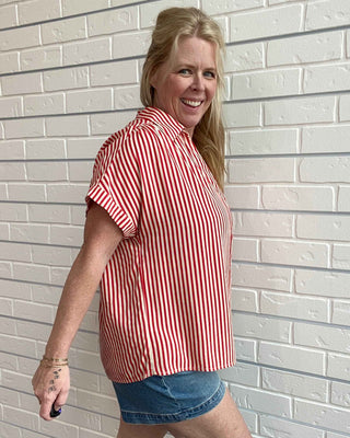 Red Striped Roll Sleeve Button-Down