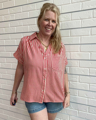 Red Striped Roll Sleeve Button-Down