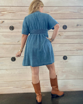 Washed Pleated Denim Mini Dress