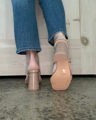 Strappy Nude Alligator Block Heels