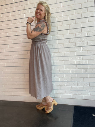Brown Gingham Smocked Midi Dress