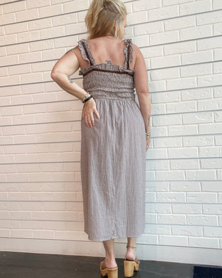 Brown Gingham Smocked Midi Dress