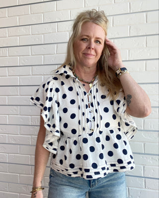 Polka Dot Pintuck Ruffle Sleeve Top