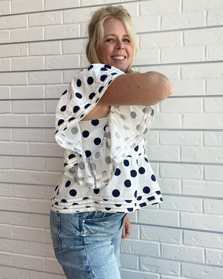 Polka Dot Pintuck Ruffle Sleeve Top