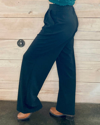 Black Pleated Front Knit Wide Leg Pant
