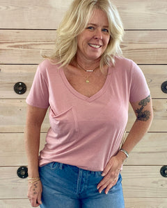Pocket V-neck Tee in Pink Smoke