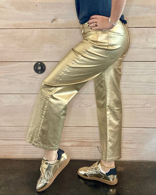 Charlotte Gold Metallic Coated High Rise Wide Leg Jeans