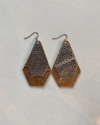 Hexagonal earrings with brown and gold gradient on a light gray background