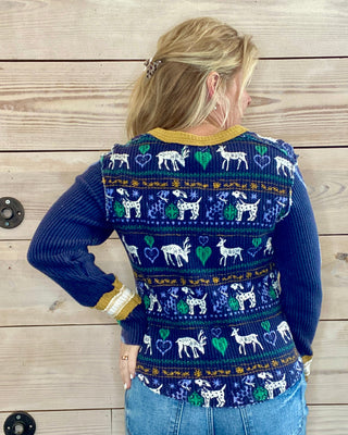 Printed Waffle-Knit Long Sleeve Top