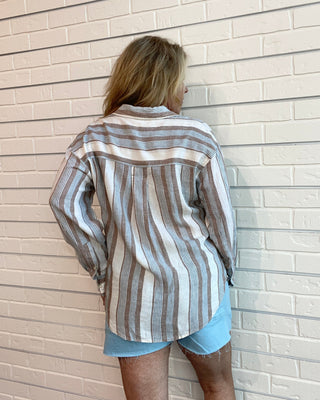 The Perfect Striped Brown and Blue Button Up Top