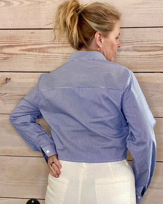 Blue Striped Cropped Button-Down Shirt