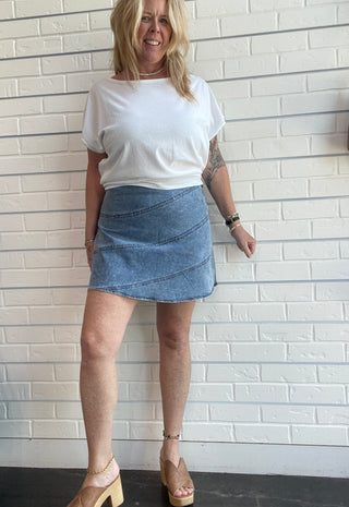 Paneled Denim Mini Skirt
