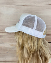 Load image into Gallery viewer, White Margs Pink &amp; Teal Embroidered Trucker Hat