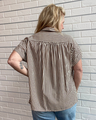 Striped Roll Sleeve Button-Down Top