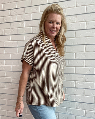 Striped Roll Sleeve Button-Down Top