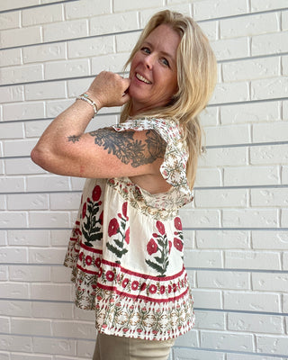 Mixed Floral Tiered Flutter Sleeve Top