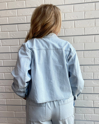 Cropped Railroad Stripe Denim Jacket