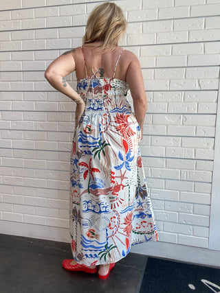 Coastal Print Smocked Maxi Dress